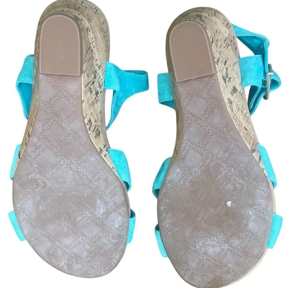 VIONIC Anka Teal Suede Leather Sandal Cork Wedges Size 7